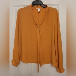 H&M Blouse Womens 8 Balloon Sleeve Mustard Yellow Necktie Workwear Business